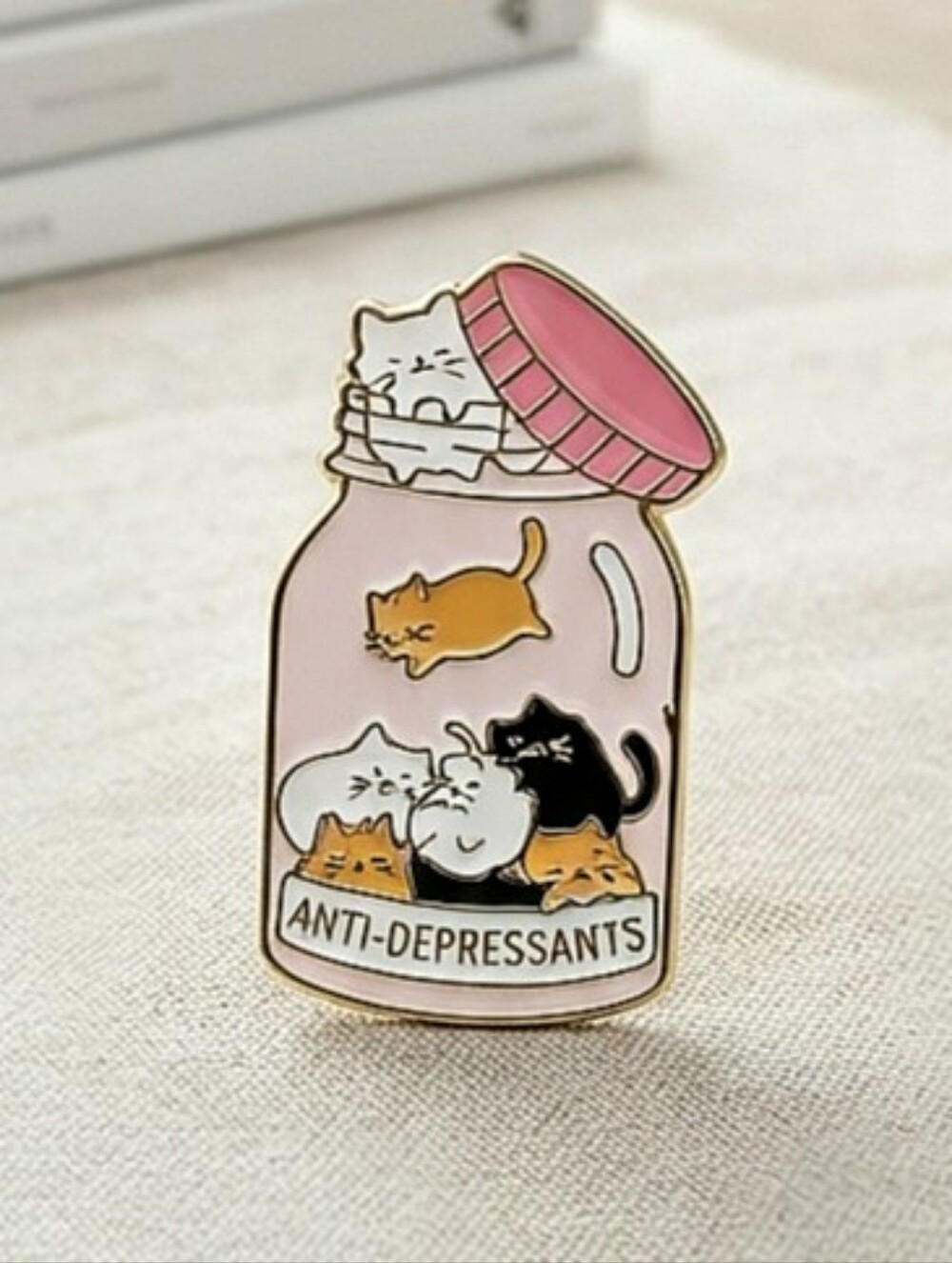 Kawaii Anti-Depressants Cat Enamel Pin Cute Pink Pill Jar Kitten Lapel Badge
